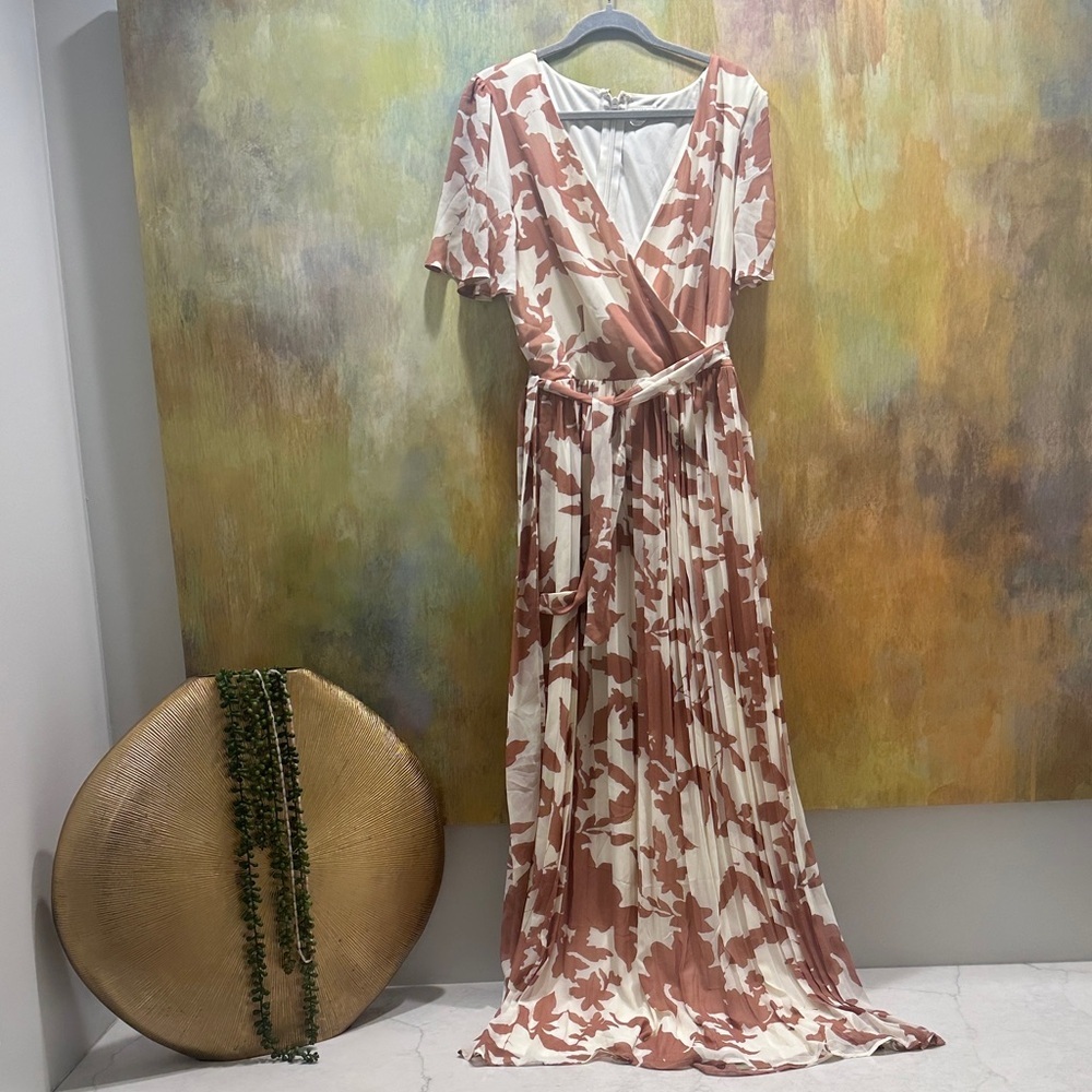 Soieblu Cream and Brown Floral Maxi Pleated Dress